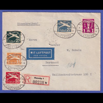 Danzig 1935 Mi.-Nr. 251-255 auf Luftpost-R-Brief nach Dortmund