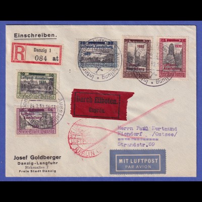 Danzig 1932 Mi.-Nr. 231-235 auf Luftpost-R-Eil-Brief nach Niendorf