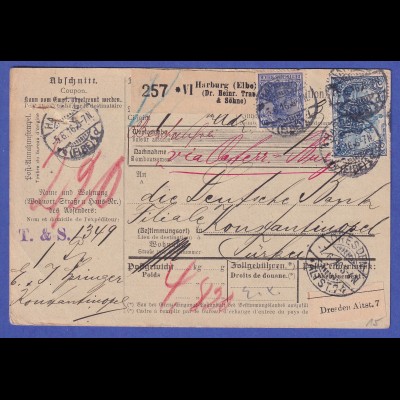 Deutsches Reich 1916 Mi.-Nr. 95 A II auf Paketkarte Harburg nach Konstantinopel
