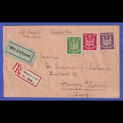 Dt. Reich 1924 Mi.-Nr. 344, 345, 348 auf Luftpost-R-Brief München nach Zürich