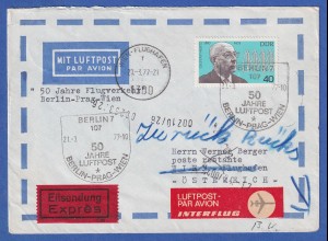 DDR 1977 Interflug 50 Jahre Linie Berlin-Prag-Wien Lp-Eilbrief, retour