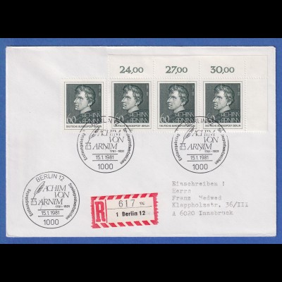 Berlin 1981 Arnim Mi.-Nr. 637 4 Stück auf Ersttags-R-Brief nach Österreich