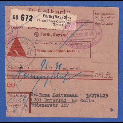 Gebühr bezahlt NN-Paketkarte aus FÜRTH 1951 gel. nach Unterlüss Kr. Celle