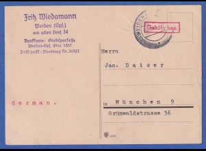 Gebühr bezahlt Postkarte von Weiden nach München 4.9.45
