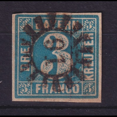 Bayern 3 Kreuzer blau Mi.-Nr. 2 II mit GMR 91 auf Briefstück