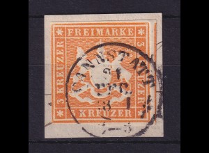 Württemberg 3 Kreuzer Mi.-Nr. 12 a gestempelt CANNSTADT auf Briefstück