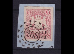 Bayern Wappen 3 Kreuzer rot Mi.-Nr. 15 mit OMR 268 Landsberg auf Briefstück