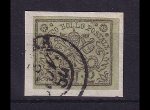 Alt-Italien Kirchenstaat 1852 olivgrün 2 Baj. Mi.-Nr. 3 a O auf Briefstück