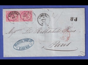 Italien 1865 Mi.-Nr. 20 - 2 Stück auf Brief an die Firma Rothschild in Paris