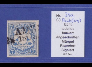 Bayern Wappen 7 Kreuzer blau Mi.-Nr. 21 a O AMBERG gepr. SEM BPP