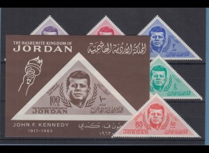 Jordanien 1964 John F. Kennedy Mi.-Nr. 453-58A und Block 13 postfrisch ** / MNH 