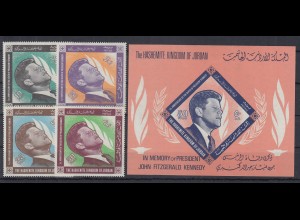 Jordanien 1965 John F. Kennedy Mi.-Nr. 516-19A und Block 21 postfrisch ** / MNH 