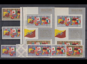 Bhutan 1964 Tod Kennedy, Flaggen auf Halbmast Mi.-Nr. 40-42A/B und Bl. 2 B/C **