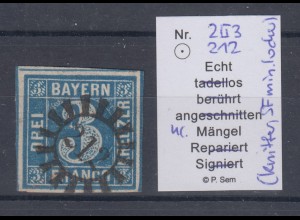 Bayern 3 Kreuzer blau Mi.-Nr. 2 II mit GMR 212 gepr. Sem BPP mit Notiz