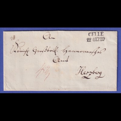 Hannover Vorphila-Brief mit Zweizeiler CELLE 1829