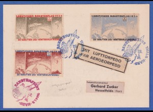 1. Deutscher Raketenflug Raketenpost-Beleg an G. ZUCKER 1934 mit 3 Vignetten 