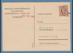 Bizone AM-Post amerik.Druck 10Pfg Mi.-Nr. 6z auf Orts-Postkarte Augsburg 1946
