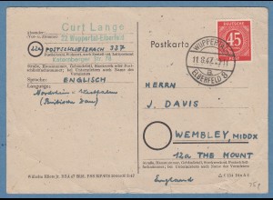 All. Besetzung Ziffer 45 Pfg auf Auslands-Postkarte v. Wuppertal nach England