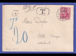 Dt. Reich Germania 10 Pfg Mi.-Nr. 70 auf Brief O KIEL nach Molde (Norwegen) 1903