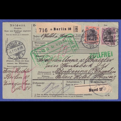 Deutsches Reich Mi.-Nr. 89 I und 91 I auf Paketkarte O BERLIN 1911