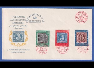Bund 1949 Bayern-Marken Mi.-Nr. 113-15 mit rotem So.-O München 30.9.49 auf FDC