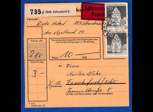 Bund gr. Bauwerke 70Pfg Mi.-Nr. 497 2 senkr. Paare als MEF auf Paketkarte, 1969