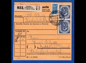 Bund Posthorn 30Pfg Mi.-Nr. 132 senkr. Paar als MEF auf Paketkarte, 1953