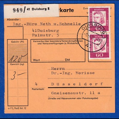 Bund Schiller 60Pfg Mi.-Nr. 357y MEF auf Paketkarte 1966, O DUISBURG