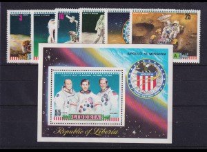 Liberia Raumfahrt Apollo 16 Mi.-Nr. 835-40A und Block 61A ** / MNH