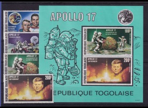 Togo 1973 Weltraum Apollo 17 Mondmission Mi.-Nr. 972-975, Block 75 ** / MNH