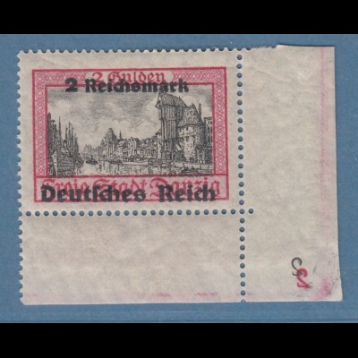 Dt. Reich 1939 Danzig 2RM Mi.-Nr.729 Eckrandstück UR mit doppelter Pl-Nr. *