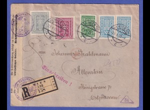 Österreich 1923 Mi.-Nr. 367, 372, 385, 386 auf Zensur-R-Brief Wien n. Allenstein