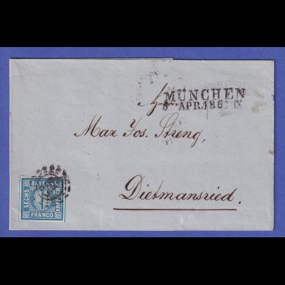 Bayern 6 Kr blau Mi.-Nr. 10 auf R-Brief aus München nach Passau 1862