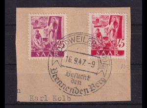 Saarland 1947 Mi.-Nr. 216 Z, 219 Y mit So.-O DUDWEILER auf Briefstück gpr. NEY