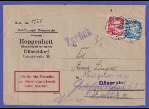 Dt. Reich 1925 Rheinland Mi.-Nr. 373 und 374 auf Zustellungsurkunde O DÜSSELDORF