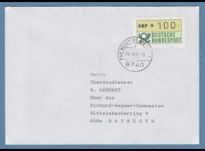 NAGLER-ATM Mi.-Nr. 1.2 Wert 100 auf Brief nach Bayreuth, FDC Bad Neustadt14.4.92