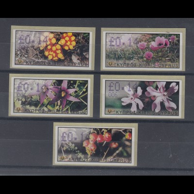 Zypern Amiel-ATM Ausgabe Wildblumen 2002, Mi.-Nr. 5-9 je eine ATM mit Nr. 006