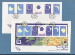 Guernsey-ALDERNEY 1999 Sonnenfinsternis / Solar eclipse Satz und Block auf FDC 