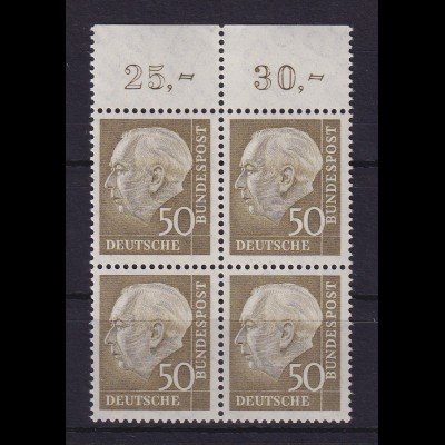 Bundesrepublik 1958 Theodor Heuss 50 Pf Mi.-Nr. 261 x w Oberrandviererblock ** 