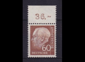 Bundesrepublik 1958 Theodor Heuss 60 Pf Mi.-Nr. 262 w Oberrandstück ** 