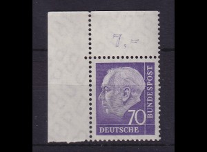 Bundesrepublik 1958 Theodor Heuss 70 Pf Mi.-Nr. 263 x w Eckrandstück OL ** 