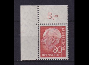 Bundesrepublik 1958 Theodor Heuss 80 Pf Mi.-Nr. 264 w Eckrandstück OL ** 