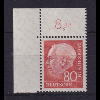 Bundesrepublik 1958 Theodor Heuss 80 Pf Mi.-Nr. 264 w Eckrandstück OL ** 