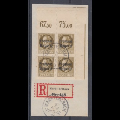 Bayern, Mi.-Nr. 163A Eckrand-Viererblock oben mit Leerfeldern auf Briefstück