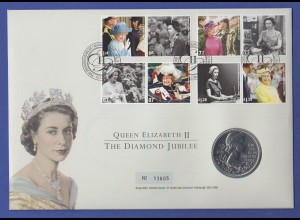 GB offiz. Coin-FDC 2012 Queen Elizabeth Jubilee mit Block und 5 Pfund-Münze