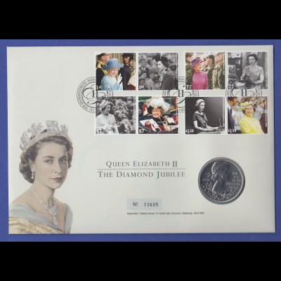 GB offiz. Coin-FDC 2012 Queen Elizabeth Jubilee mit Block und 5 Pfund-Münze