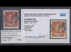 Dt Reich Inflation, Mi.-Nr. 135 Type I mit Plattenfehler IV "5 statt 4 Blüten"
