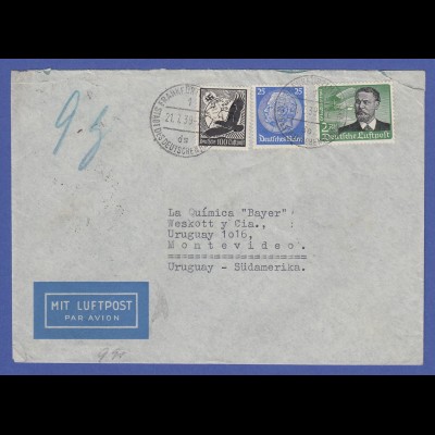 Dt. Reich 1939, Nr. 538 ect. auf Flugpostbrief Frankfurt Uruguay, Porto 3,25 RM