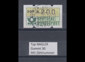 Deutschland NAGLER-ATM Posthorn Gummi WEISS Mi.-Nr. 1.2hv Wert 200 mit Voll-O ZN
