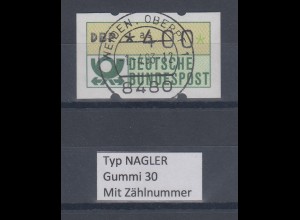 Deutschland NAGLER-ATM Posthorn Gummi WEISS Mi.-Nr. 1.2hv Wert 400 mit Voll-O ZN